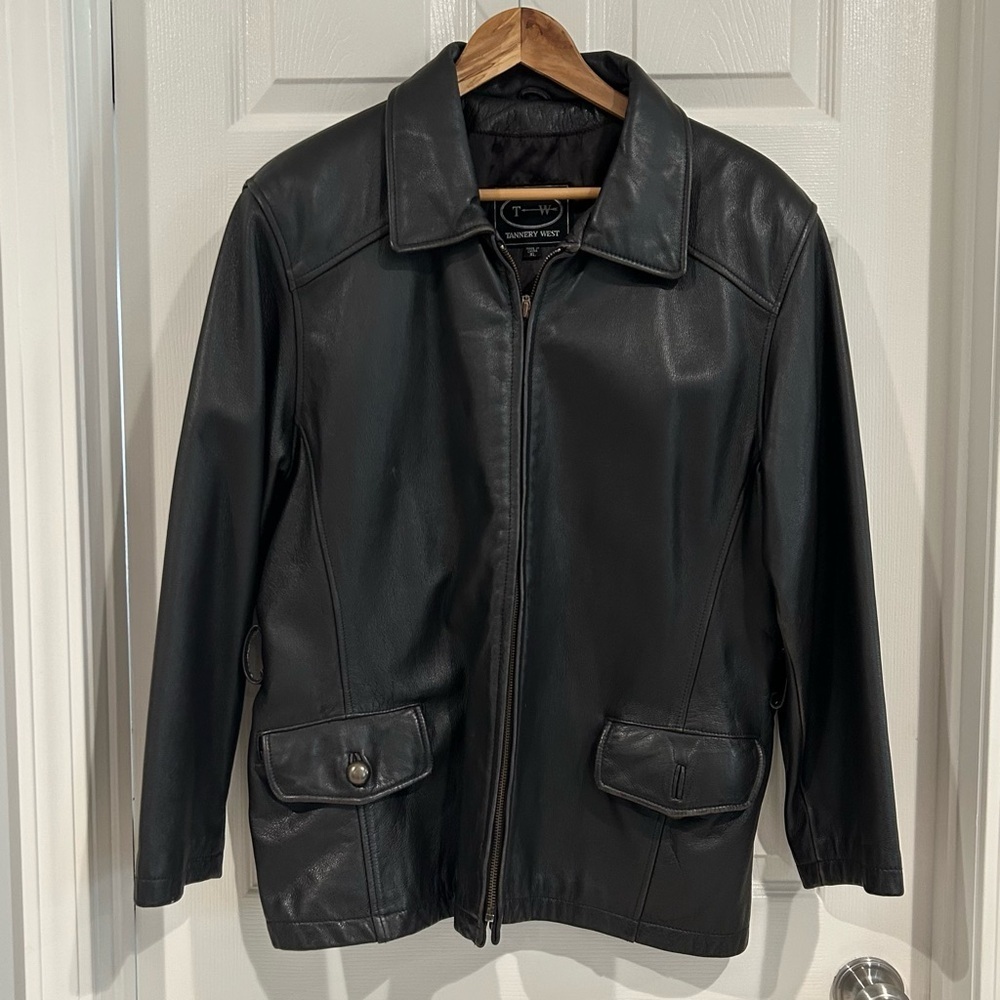 VTG 90s Tannery West Leather Black Brown Belt Collar Zip Jacket Coat Women XL - Picture 5 of 17